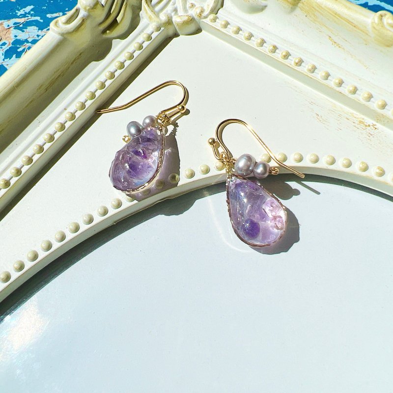 Natural stone amethyst and freshwater pearl drop pierced earring Hypoallergenic Clip-On stainless Stainless Steel 0046 - 耳环/耳夹 - 半宝石 紫色