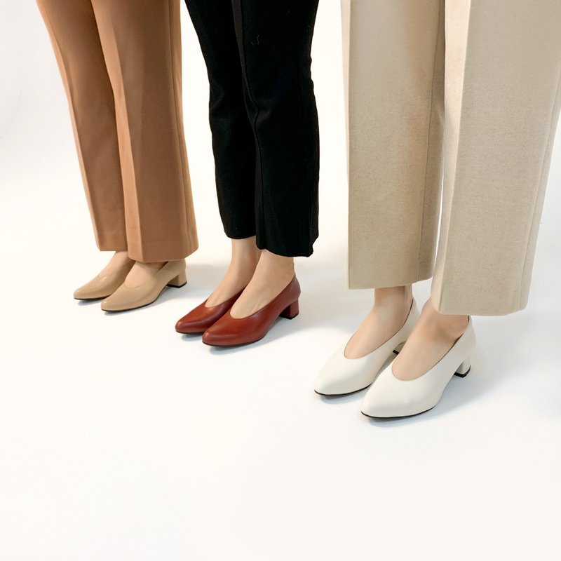 日日跟鞋!基本素面微尖中跟鞋 白 全真皮 MIT-蕾丝白 - 高跟鞋 - 真皮 白色