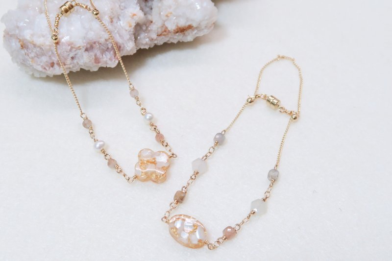 OUD原创.手工饰品.天然水晶.白贝.14K包金可调节磁石扣手链 - 手链/手环 - 半宝石 金色
