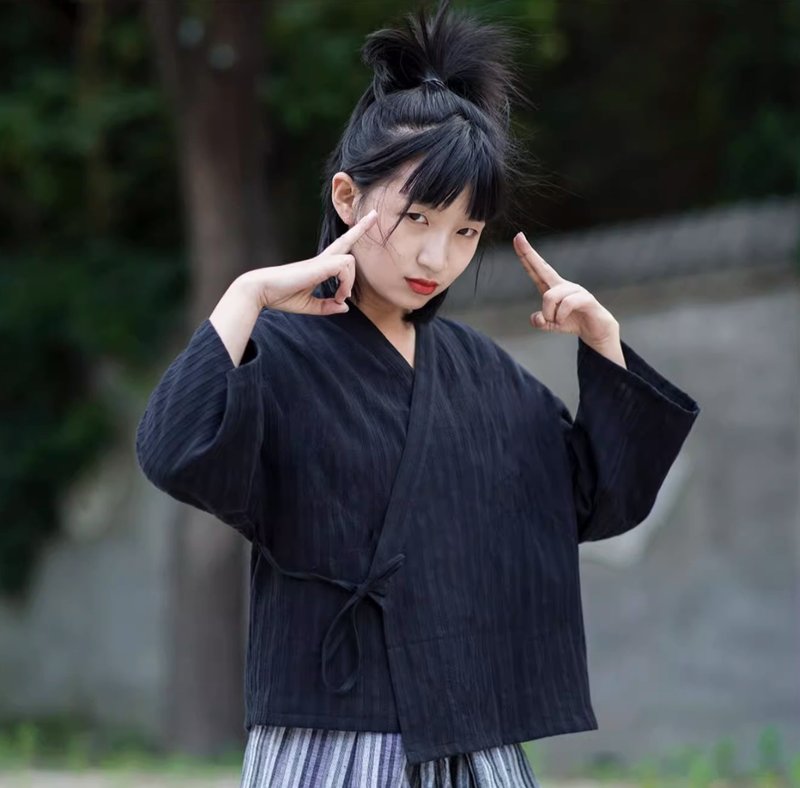 日式和风 复古改良斜襟系带衬衫 甚平交领和服内搭 无性别穿搭 - 女装上衣 - 其他材质 黑色