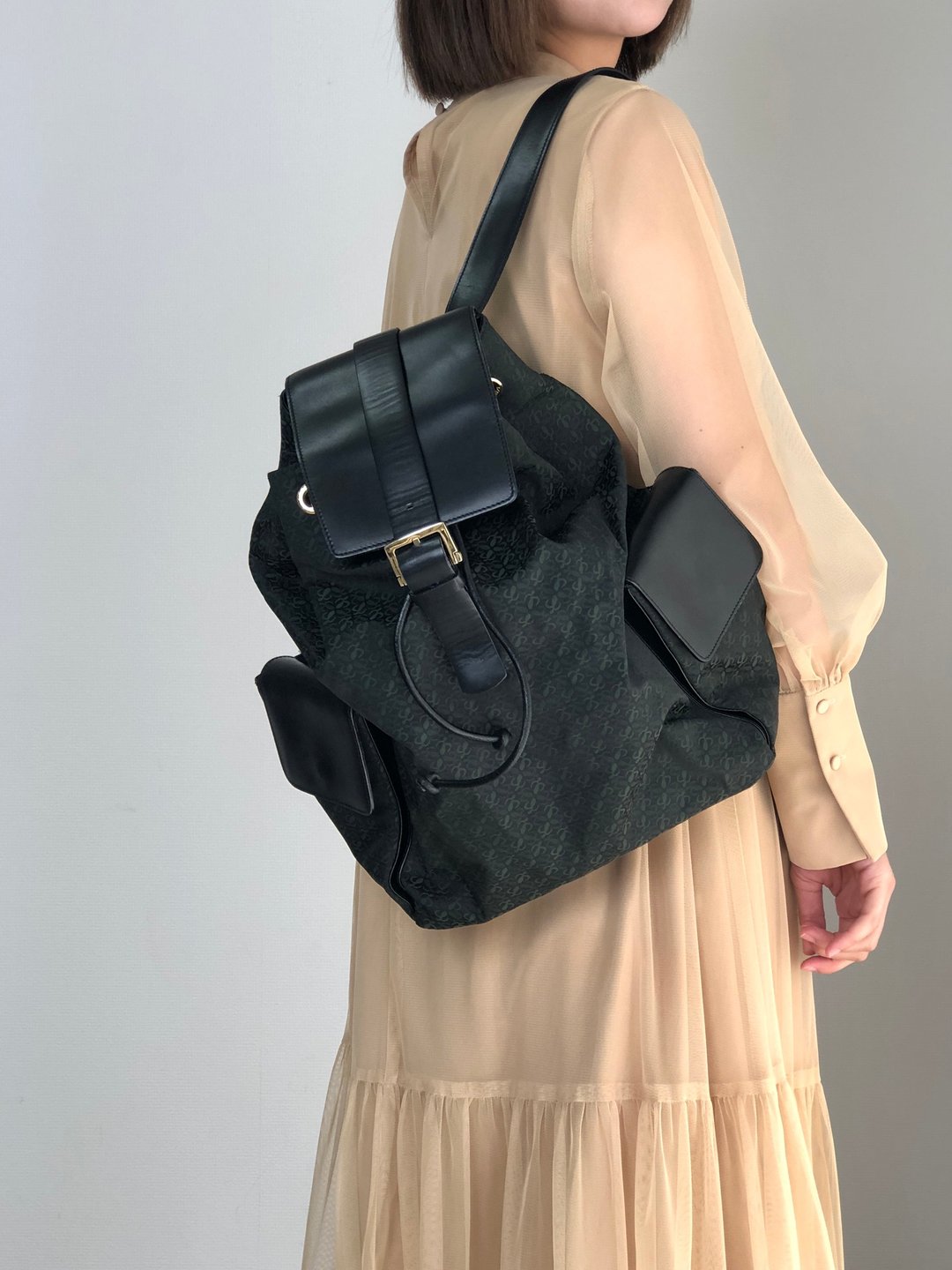 【日本直送 名牌中古包】LOEWE 罗威 满版图案 绿色 黑色 提花皮革 后背包 vintage si4hbw - 后背包/双肩包 - 棉 绿色