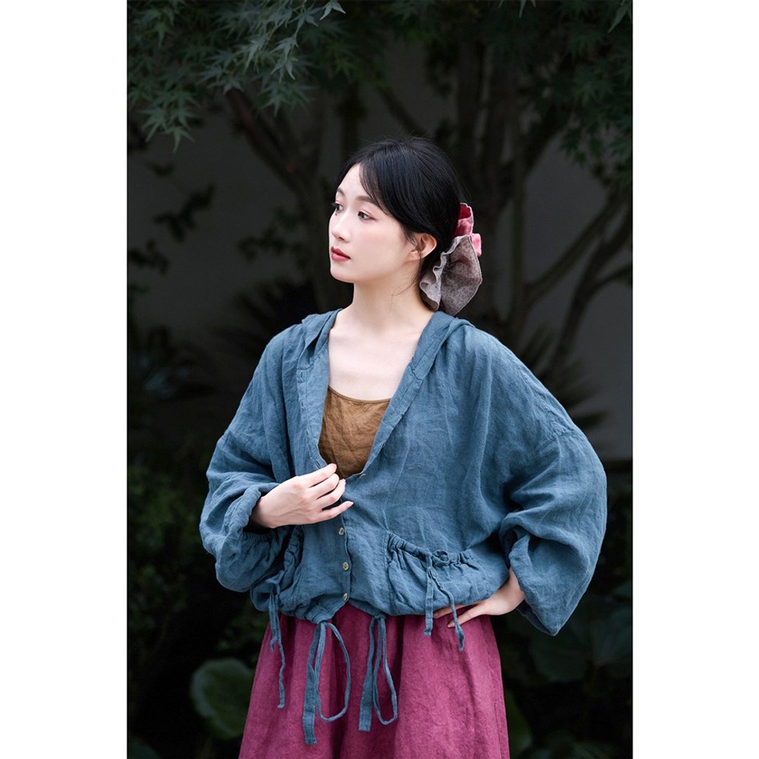 柔蓝色亚麻朦胧透气凉感亲防肤晒罩衫 - 女装上衣 - 棉 