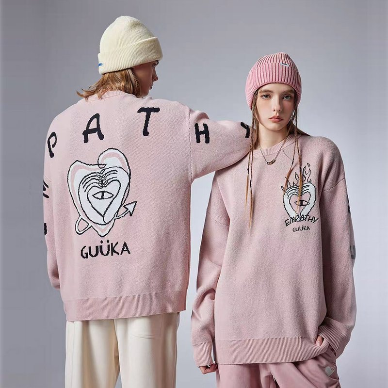 粉色情侣圆领毛衣 创意爱心提花针织衫女 - 男装针织衫/毛衣 - 棉．麻 