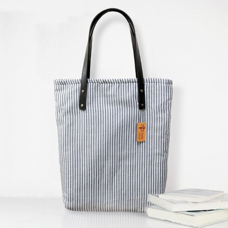 清新条纹手提肩背棉麻布包〈加厚内里〉〈Pakki〉 - 手提包/手提袋 - 棉．麻 灰色