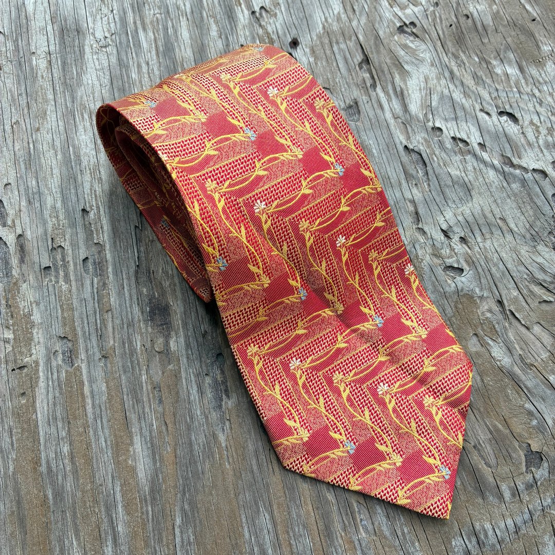 Vintage Alfredo Versace Silk Tie Red Gold Floral Jacquard Necktie - 领带/领带夹 - 丝．绢 红色