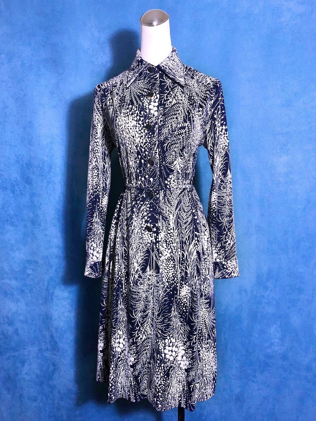 法国CERRUTI 1881花朵长袖古着洋装/ 国外带回 VINTAGE - 洋装/连衣裙 - 聚酯纤维 蓝色
