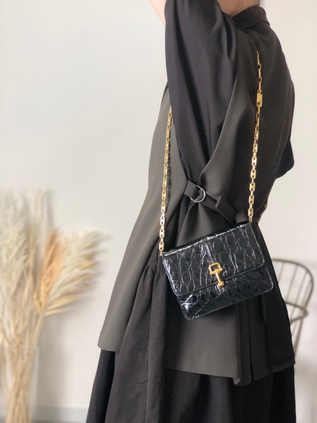【 日本直送 名牌古着包 】CELINE 赛琳 肩背包 黑色 马衔扣 鳄鱼纹 小包 链条 vintage pu7w2k - 侧背包/斜挎包 - 真皮 黑色