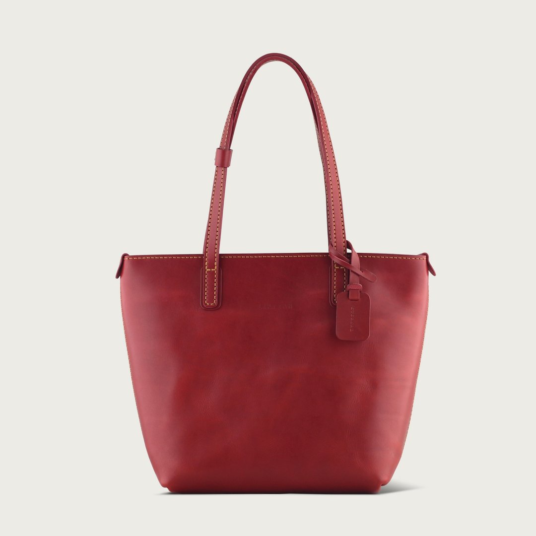 拉链托特包 tote / 肩背包 / 手提包 -- 酒红色 - 侧背包/斜挎包 - 真皮 红色