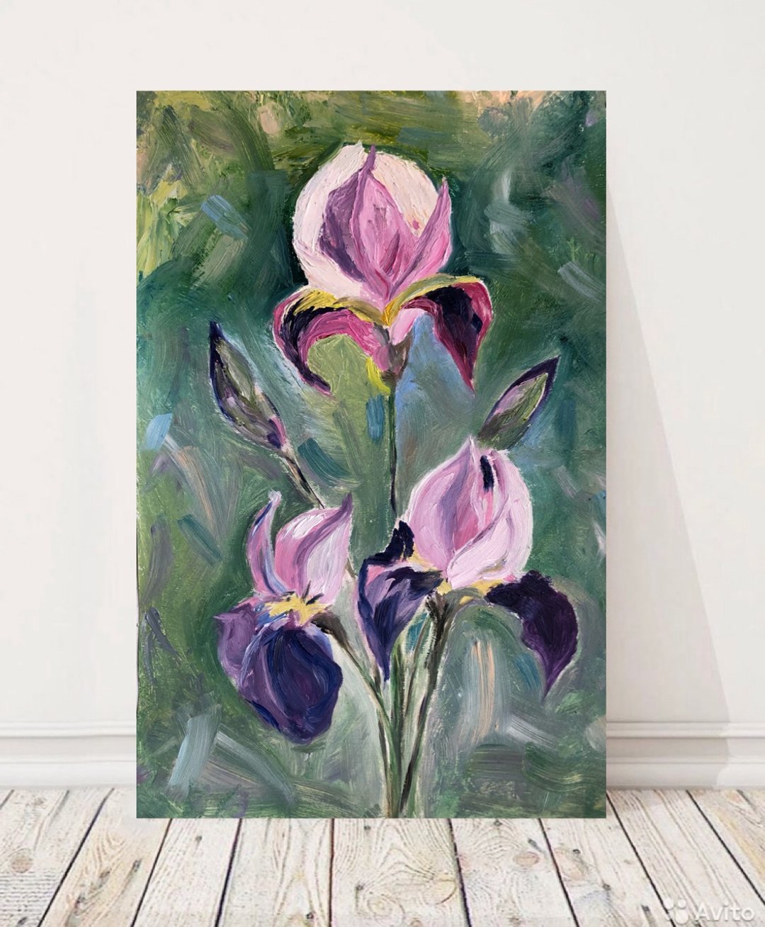 Irises flowers modern wall art 8x11 inches Original oil painting - 墙贴/壁贴 - 棉 绿色