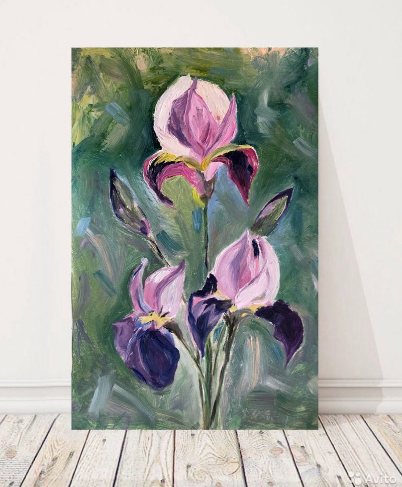 Irises flowers modern wall art 8x11 inches Original oil painting - 墙贴/壁贴 - 棉 绿色