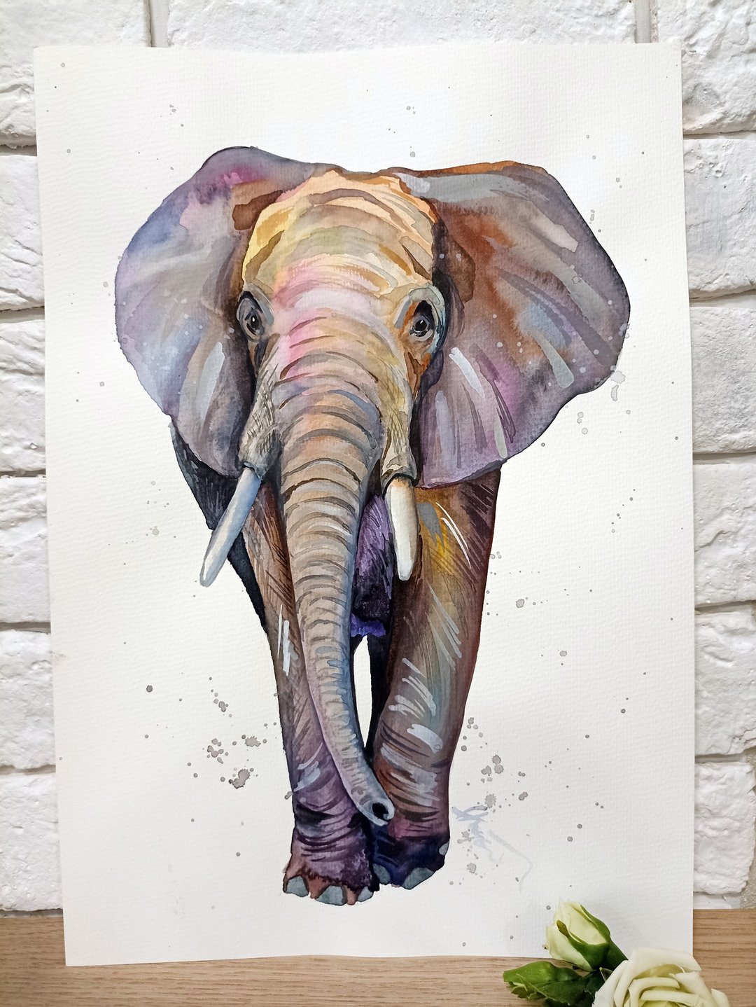 Watercolor original elephant room decor animal painting art by Anne Gorywine - 墙贴/壁贴 - 纸 银色