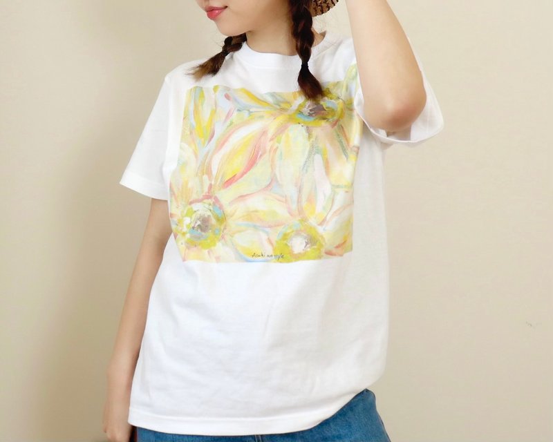 穿着艺术的 T 恤 向日葵 - 女装 T 恤 - 棉．麻 白色