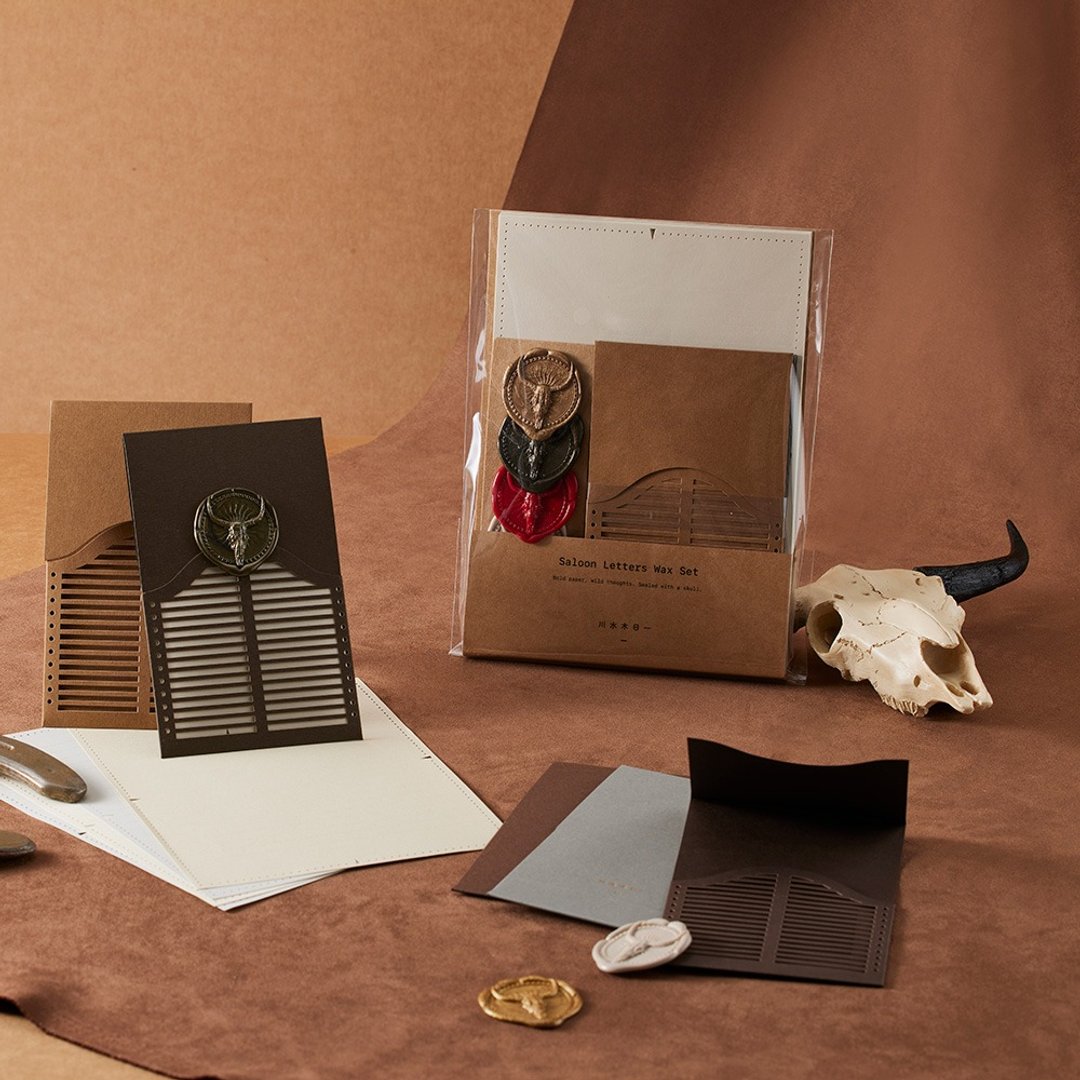 川水木日一 | 火漆封蜡信封信纸套装 Saloon Letters Wax Set - 卡片/明信片 - 纸 咖啡色