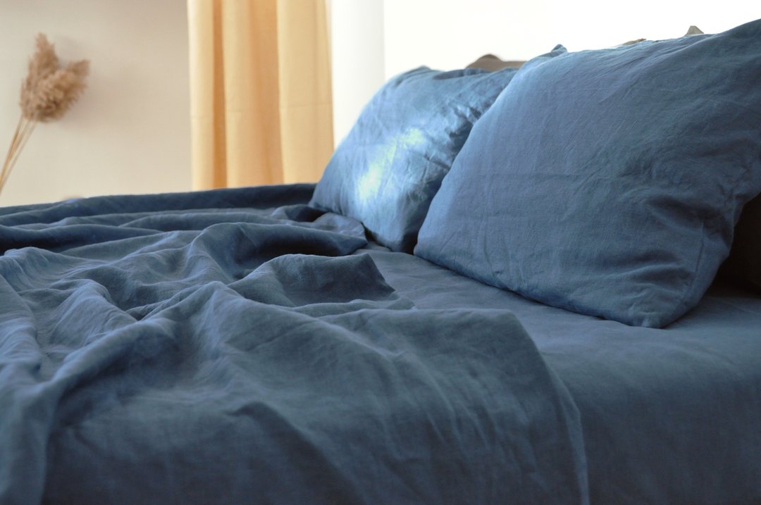 Ocean blue linen sheet set / Flat+fitted sheet+2 pillowcases / Blue bedding - 寝具 - 亚麻 蓝色