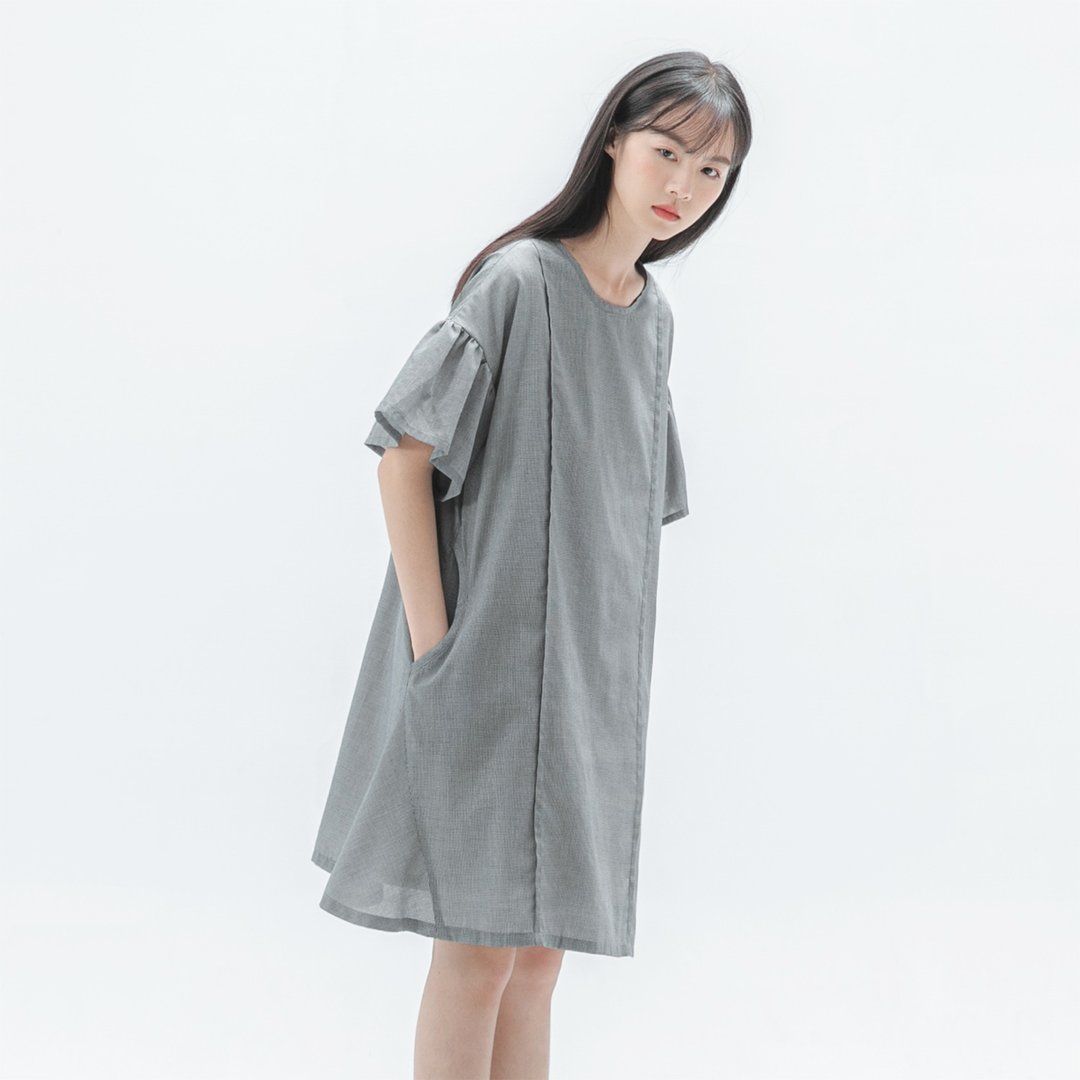 Elegant_绮丽褶片造型洋装_20SF101_千鸟格 - 洋装/连衣裙 - 棉 黑色