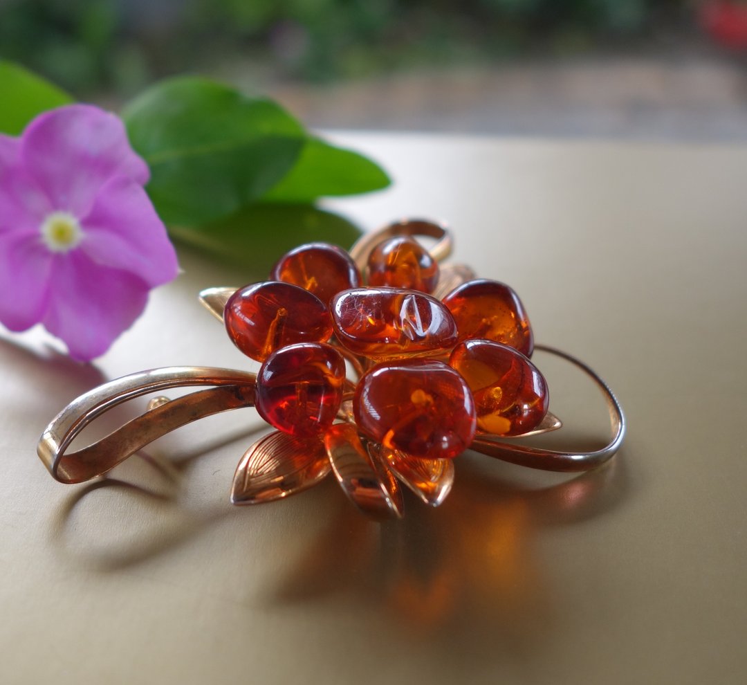琥珀 Amber 蜜蜡 缅甸金珀 波罗的海 金珀胸针11.4克 - 胸针 - 半宝石 红色