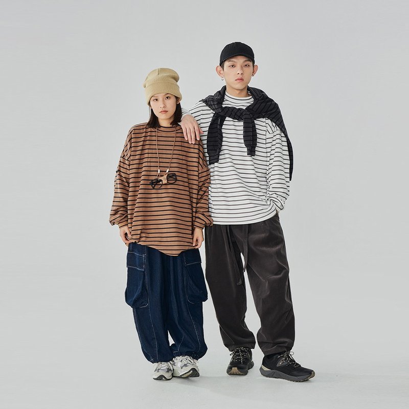 TopBasics 日系复古细条纹长袖T恤 - 男装上衣/T 恤 - 聚酯纤维 咖啡色