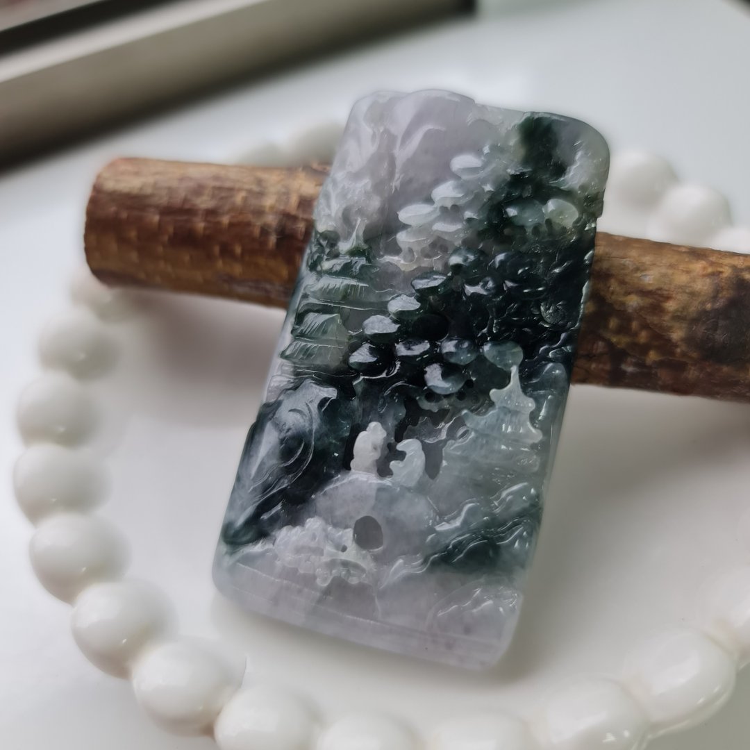 精致胶润带意境感双贵人山水 | 天然缅甸玉A货翡翠 - 吊饰 - 玉石 