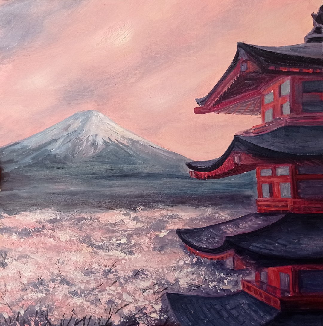 Mount Fuji Painting, Japanese Cherry, Original Painting, Blossom Sakura  富士山  桜 - 海报/装饰画/版画 - 其他材质 粉红色