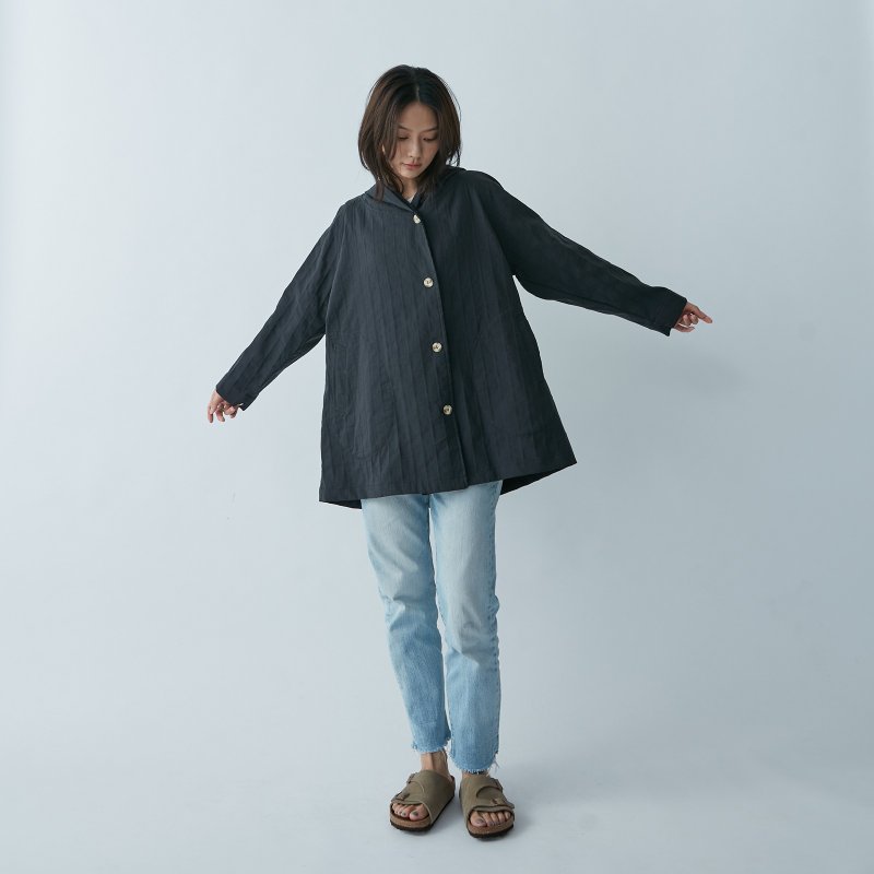 复古赫本大衣 - 黑条 - 女装休闲/机能外套 - 棉．麻 黑色