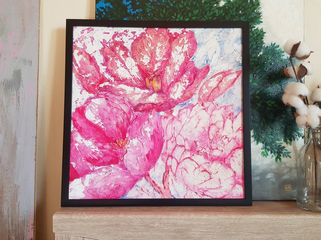 Original Peony flower artwork hand painted acrylic + oil painting framed - 墙贴/壁贴 - 其他材质 