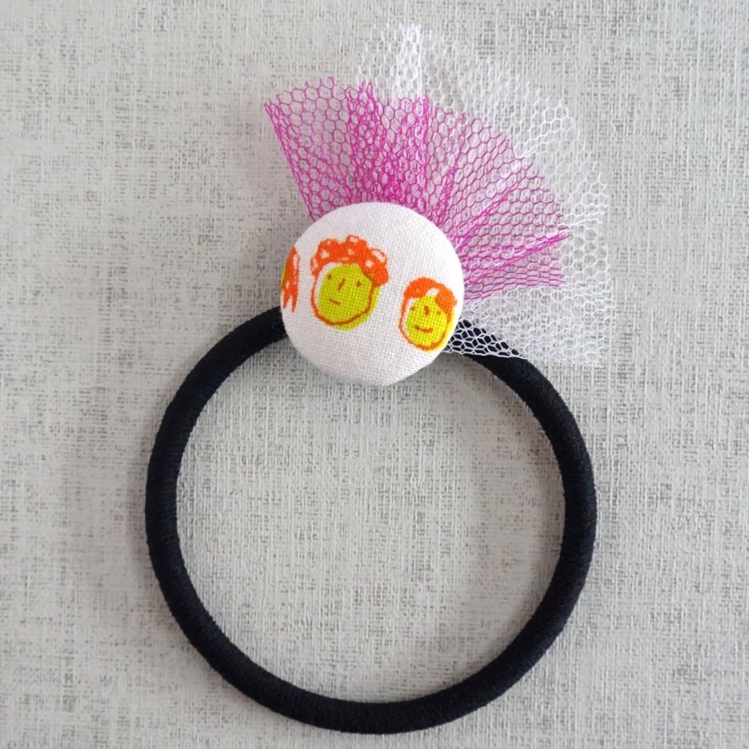 Hand-printed original walnut button Hair elastic "Friend 1" - 发饰 - 棉 粉红色
