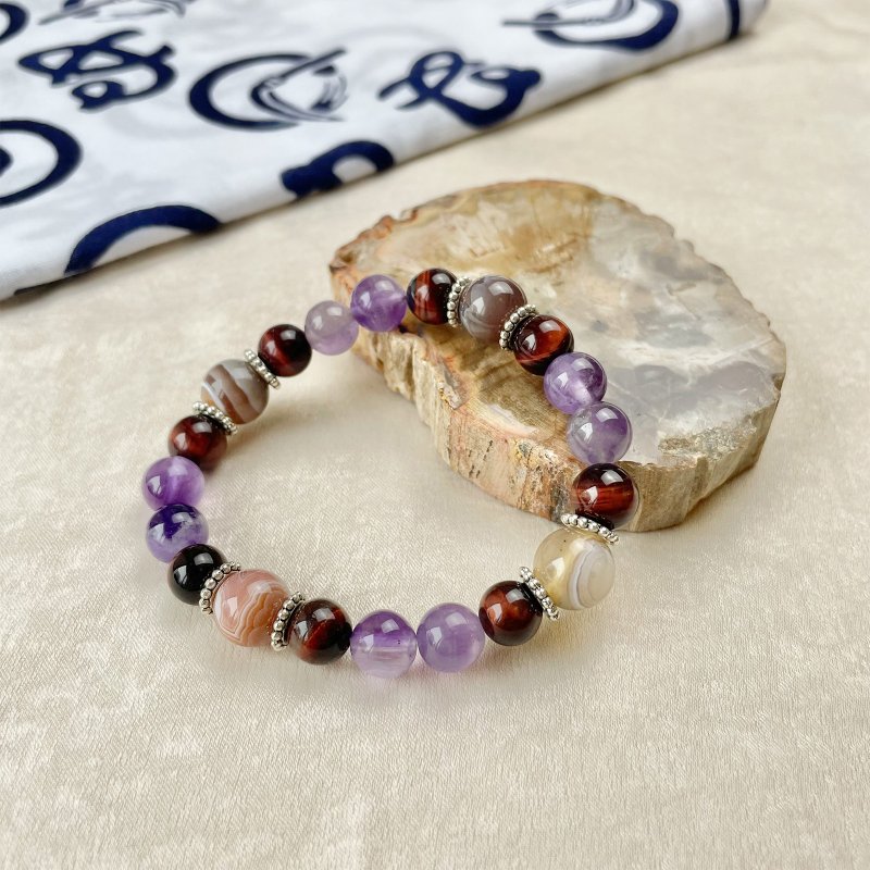 紫晶 玛瑙 健康运 事业运 天然水晶 日本手作 礼物 能量石手链 - 手链/手环 - 水晶 紫色