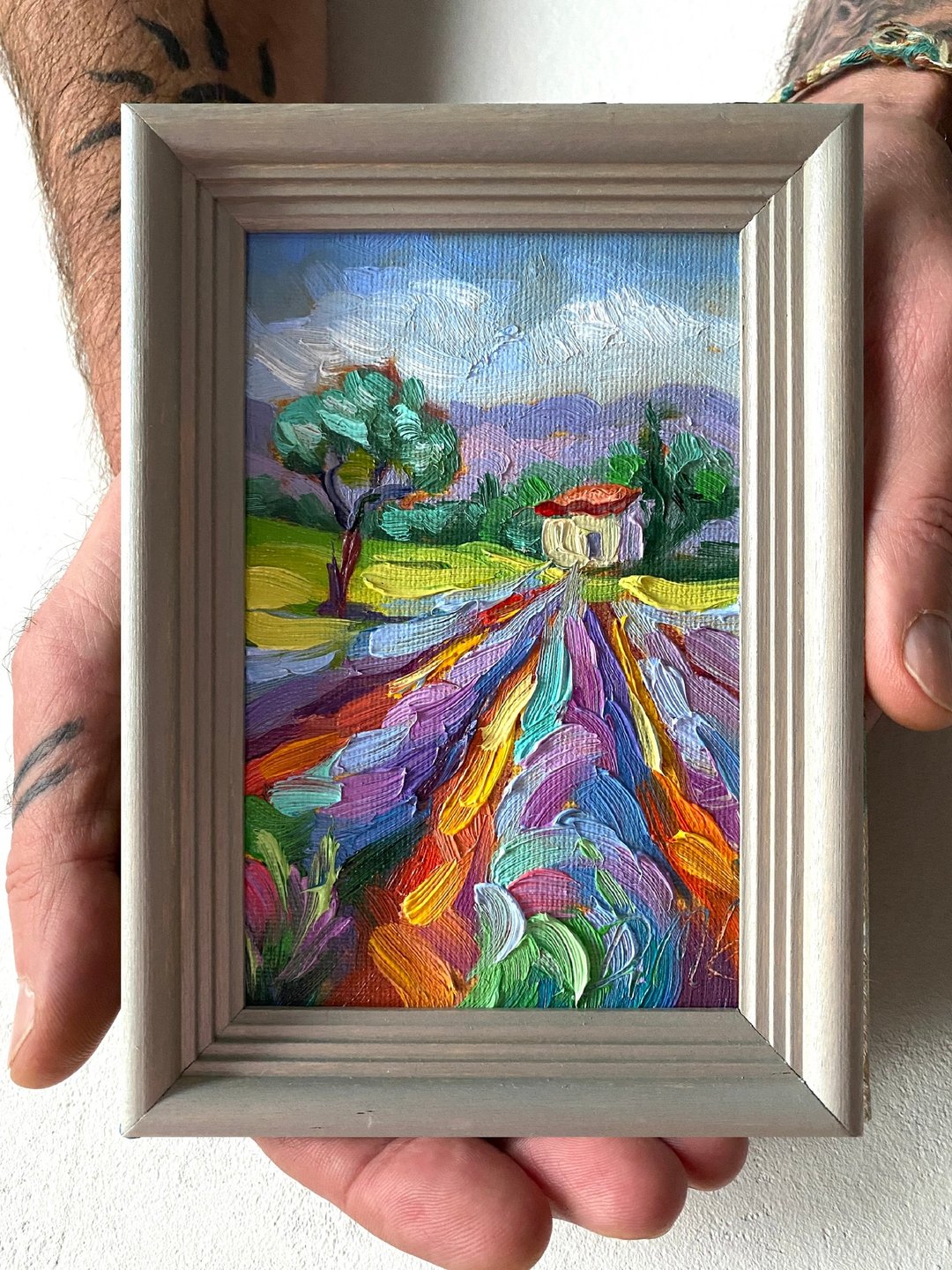 薰衣草田绘画托斯卡纳原创艺术风景油画厚涂小幅艺术品 4x6 托斯 - 墙贴/壁贴 - 木头 
