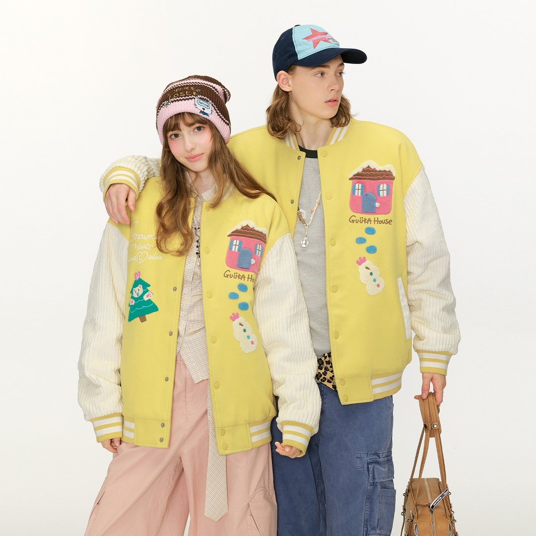 冬季雪人圣诞树刺绣棒球棉服 情侣拼接灯芯绒棉衣外套 - 男装外套 - 棉．麻 黄色