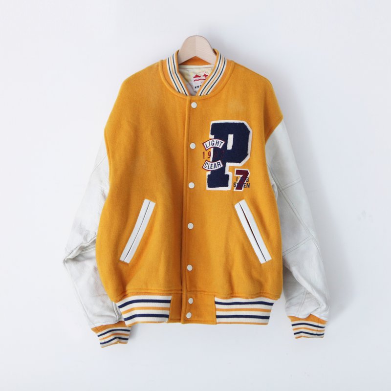 A ROOM MODEL - VINTAGE，CJ-3610 Posh boy黄色皮革拼接棒球外套 - 女装西装外套/风衣 - 其他材质 黄色