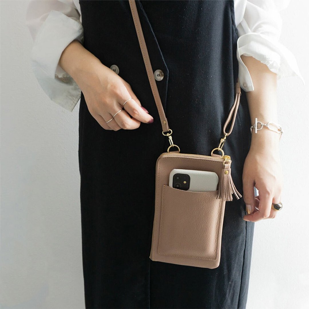Zippered Smartphone Pochette [Shrink Leather] Shoulder Bag Himeji Leather Bag Compact Mother's Day HS22K - 手机配件 - 真皮 咖啡色