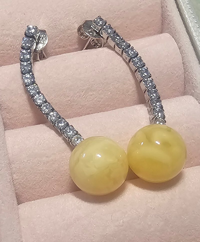 蜜蜡碎钻耳环 - 耳环/耳夹 - 半宝石 黄色