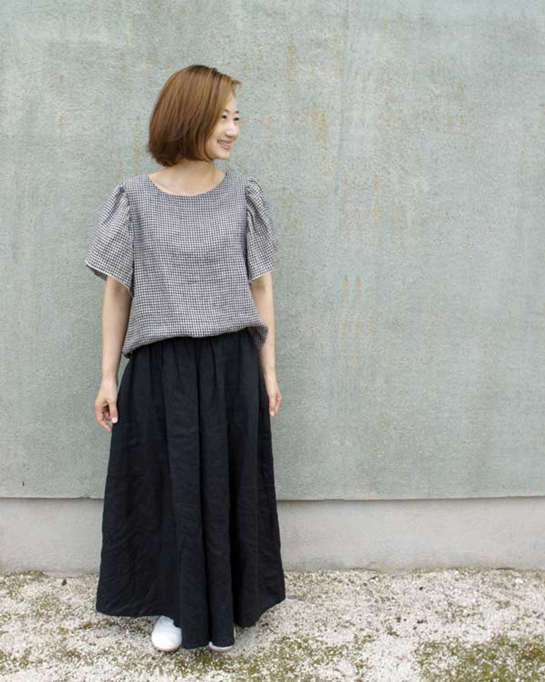 Linen 100 dyed flare sleeve pullover ginghamcheck Linen 100 dyed flare sleeve pullover - 女装上衣 - 棉 黑色