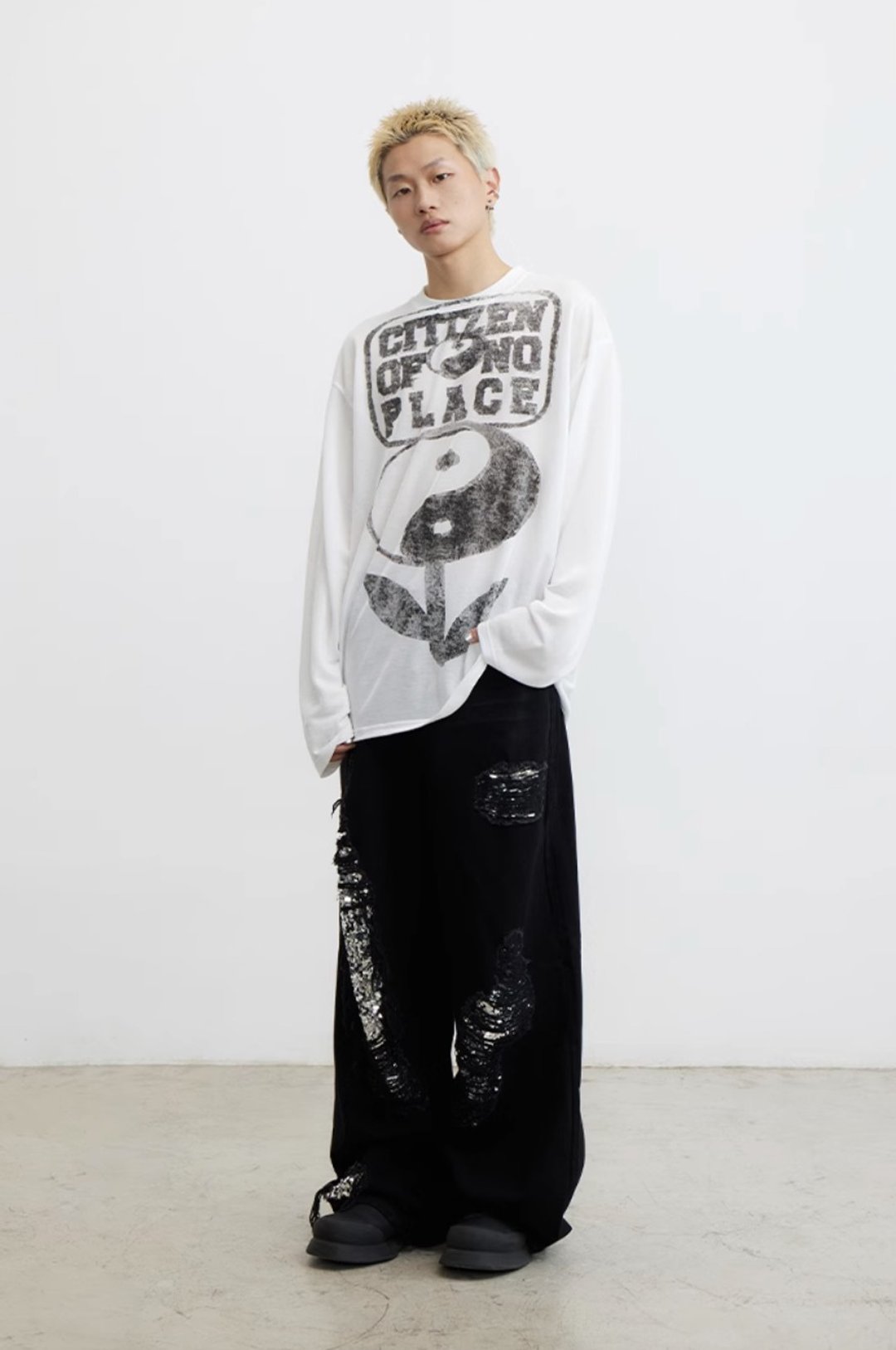 Taiji Silk T-shirt 磨损太极花银丝长袖 - 中性连帽卫衣/T 恤 - 棉 白色