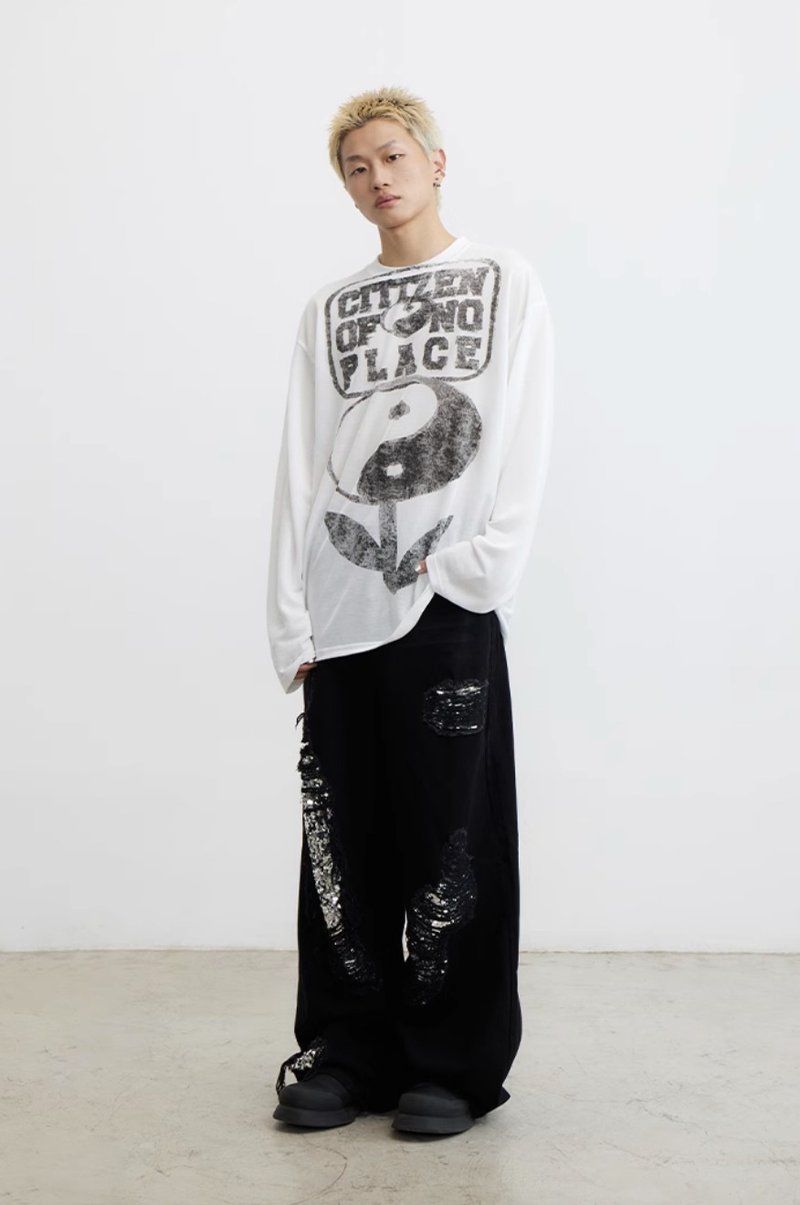 Taiji Silk T-shirt 磨损太极花银丝长袖 - 中性连帽卫衣/T 恤 - 棉．麻 白色