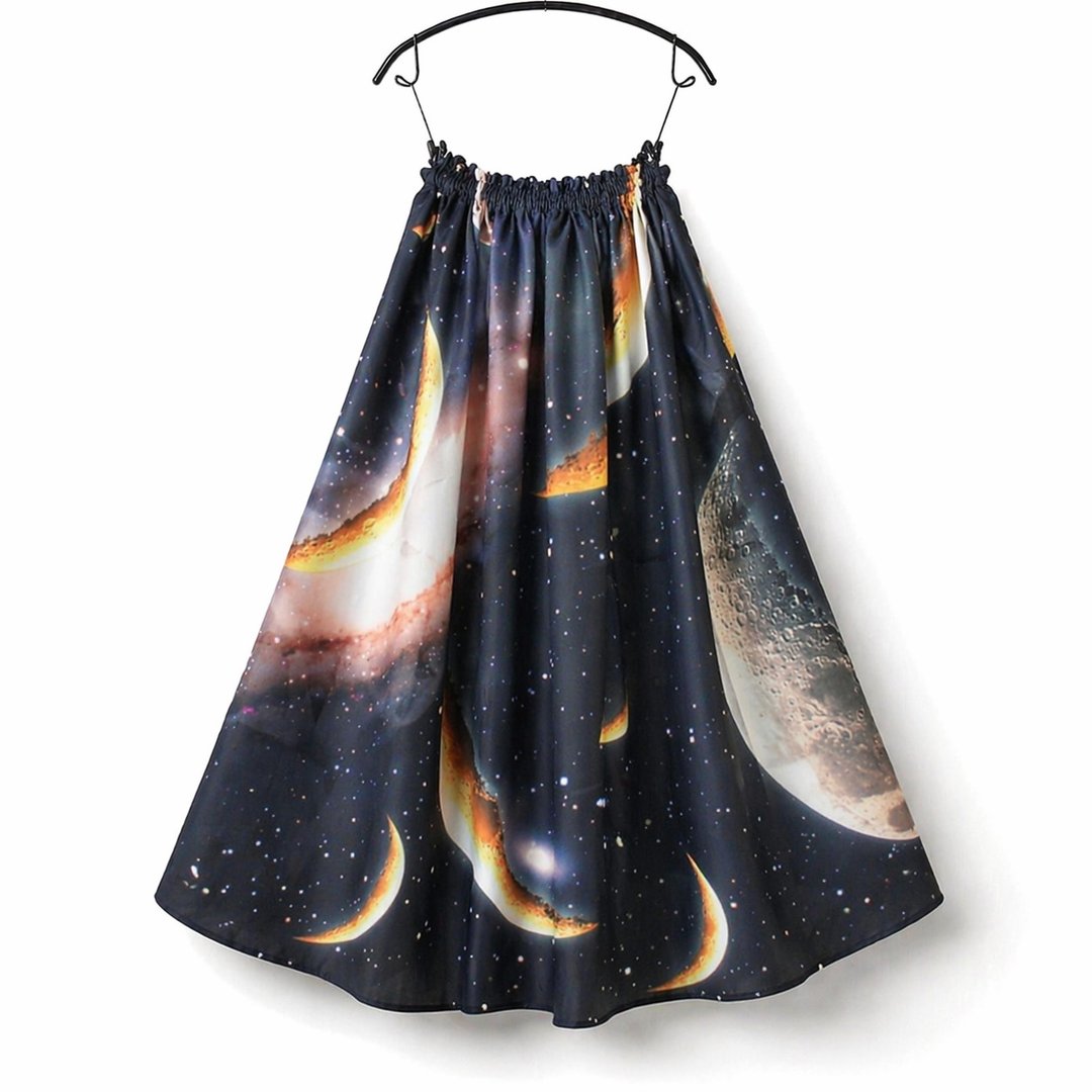 弯月、宇宙图案、印花裙、月亮图案、星空、黑色、松紧腰、附口袋 - 裙子 - 聚酯纤维 黑色