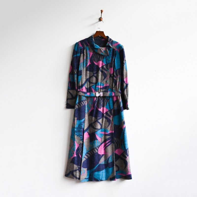 【蛋植物古着】霓虹雨林毛料缇花古着洋装 - 洋装/连衣裙 - 其他人造纤维 