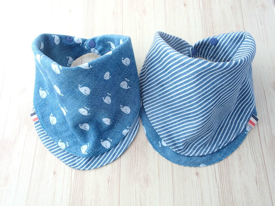 Baby Bib, Reversible Scarf Bib, Handkerchief, Whale, Nautical Japanese Cotton - 围嘴/口水巾 - 棉 蓝色