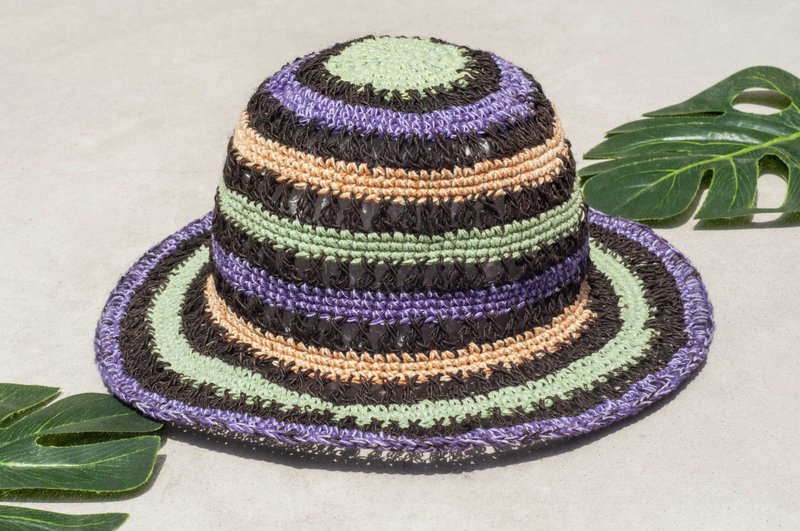 七夕礼物 限量一件 民族风拼接手织棉麻帽 / 渔夫帽 / 遮阳帽 / 拼布帽 / 手工帽 / 手工钩织帽 / 手工编织 / 绅士帽 - 葡萄薄荷马卡龙 条纹镂空 - 帽子 - 棉．麻 多色