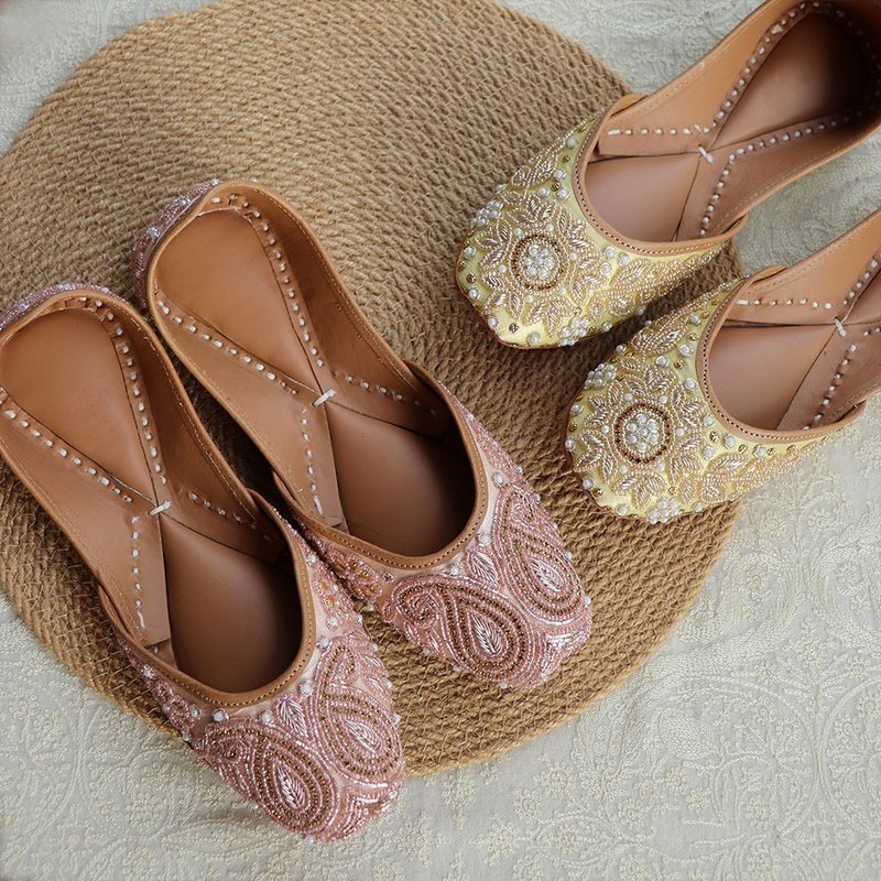 浮雕釘珠刺繡印度鞋 / 溫柔底色真皮手工 / 復古華麗貴婦風 - 穆勒鞋 - 真皮 粉红色