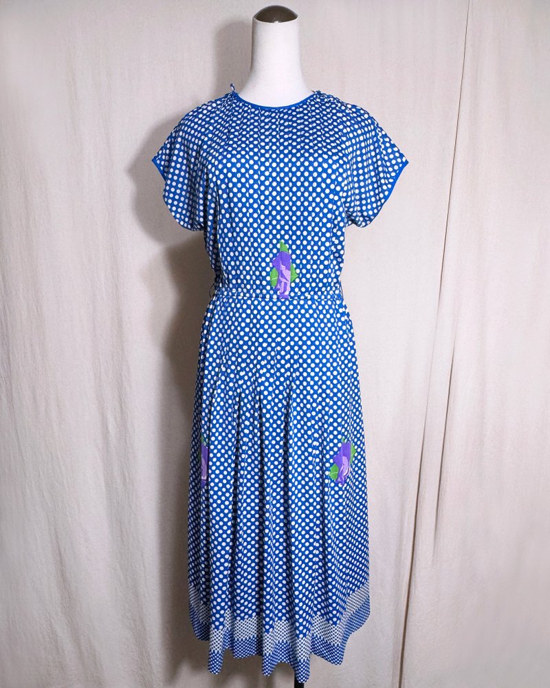 蔚蓝点点花朵无袖古着洋装/ 国外带回 VINTAGE - 洋装/连衣裙 - 聚酯纤维 蓝色