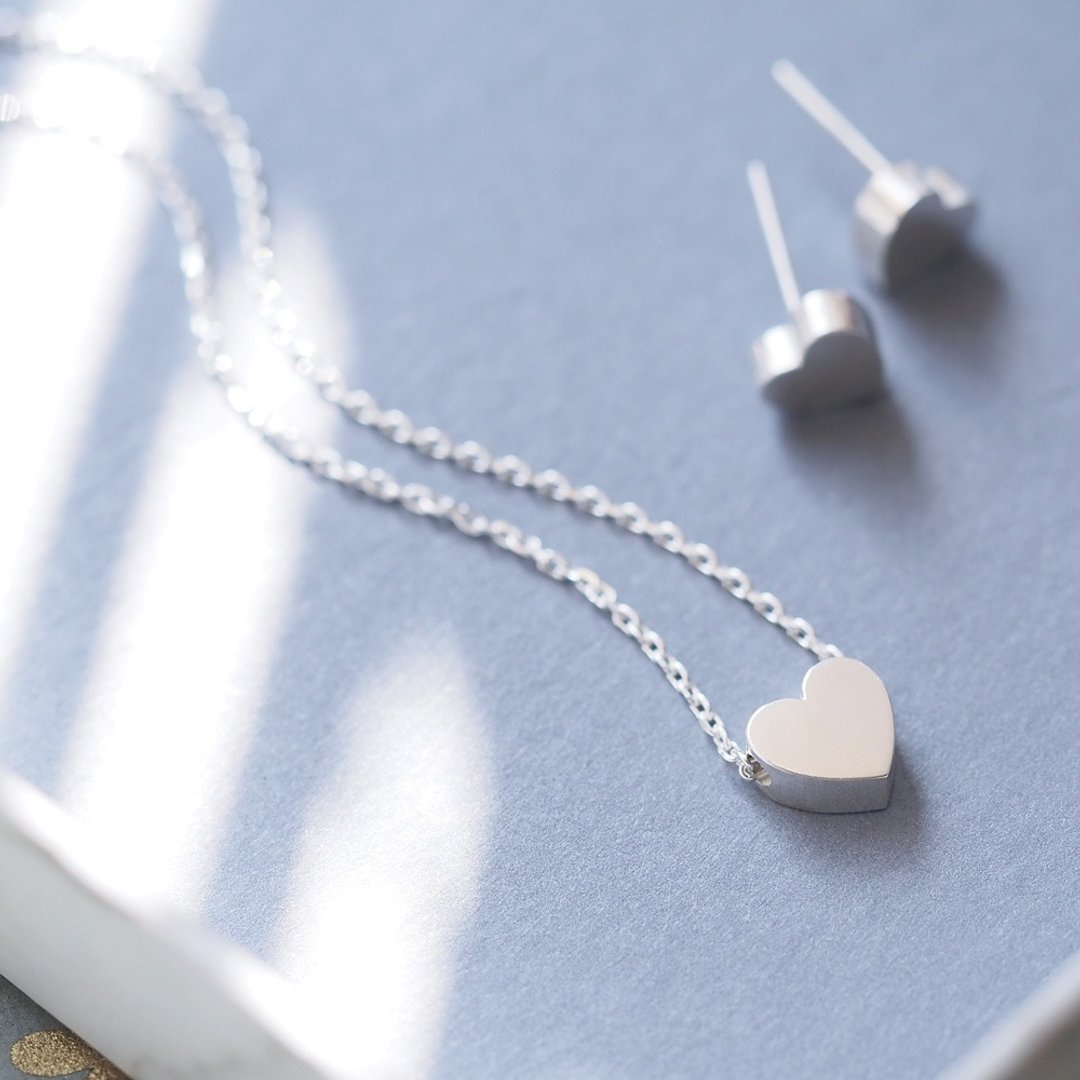 2 pieces set) Heart necklace Earrings set Silver 925 - 项链 - 其他金属 银色