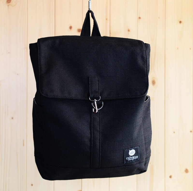 麻料拉链后背包(黑) - 后背包/双肩包 - 棉．麻 黑色