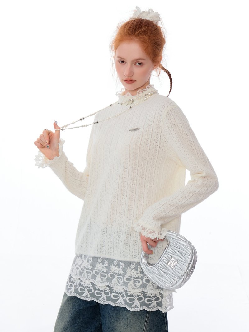 ziziFei秋冬季复古肌理设计感蕾丝花边小高领T恤上衣针织打底衫女 - 女装针织衫/毛衣 - 其他材质 白色