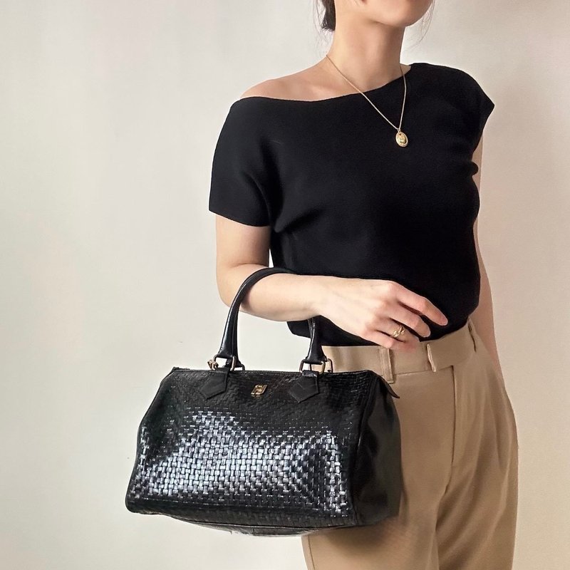 中古正品 Fendi 芬迪 80年代 编织皮革手提包 波士顿包 意大利制 - 手提包/手提袋 - 真皮 黑色