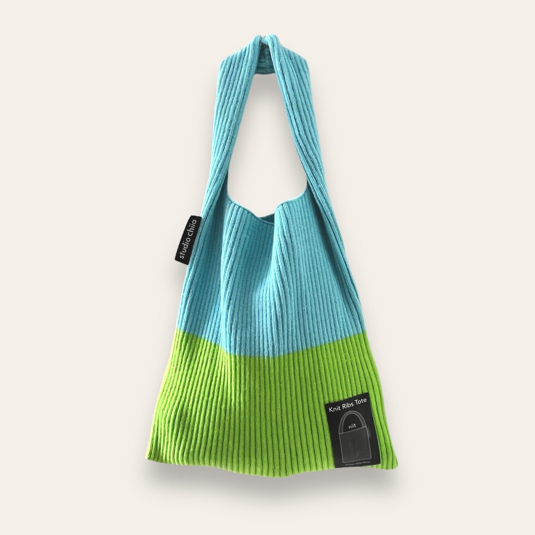 罗纹针织提袋 / Ribs Tote - 天蓝x草绿 - 手提包/手提袋 - 压克力 