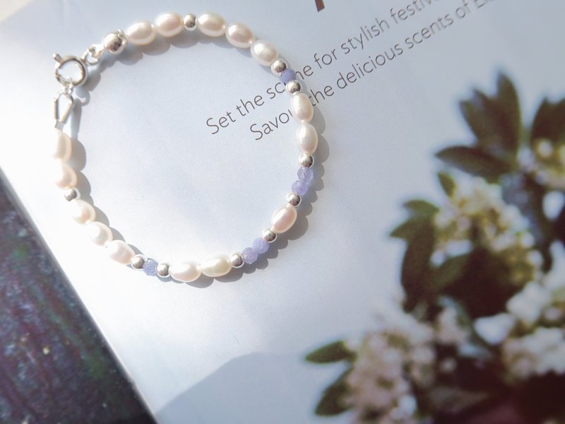 925纯银 珠光 坦桑石 珍珠 定制化 刻字 手链 免费送礼包装 - 手链/手环 - 纯银 蓝色