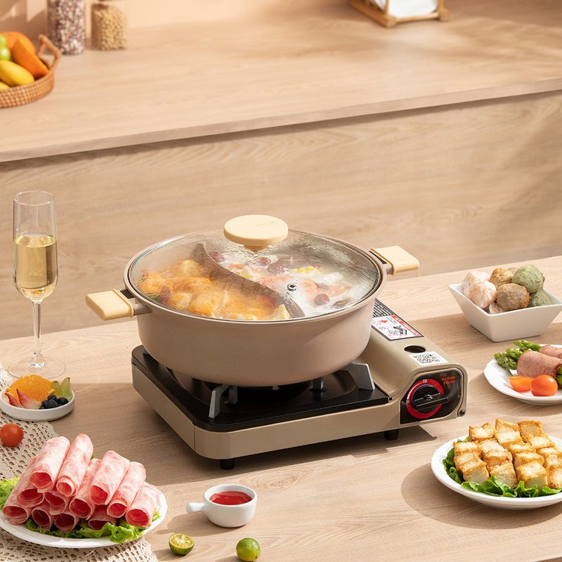 【Taste Plus】悦味元麦 一体成型不沾锅鸳鸯火锅 汤锅炖煮锅30cm - 锅具/烤盘 - 铝合金 卡其色