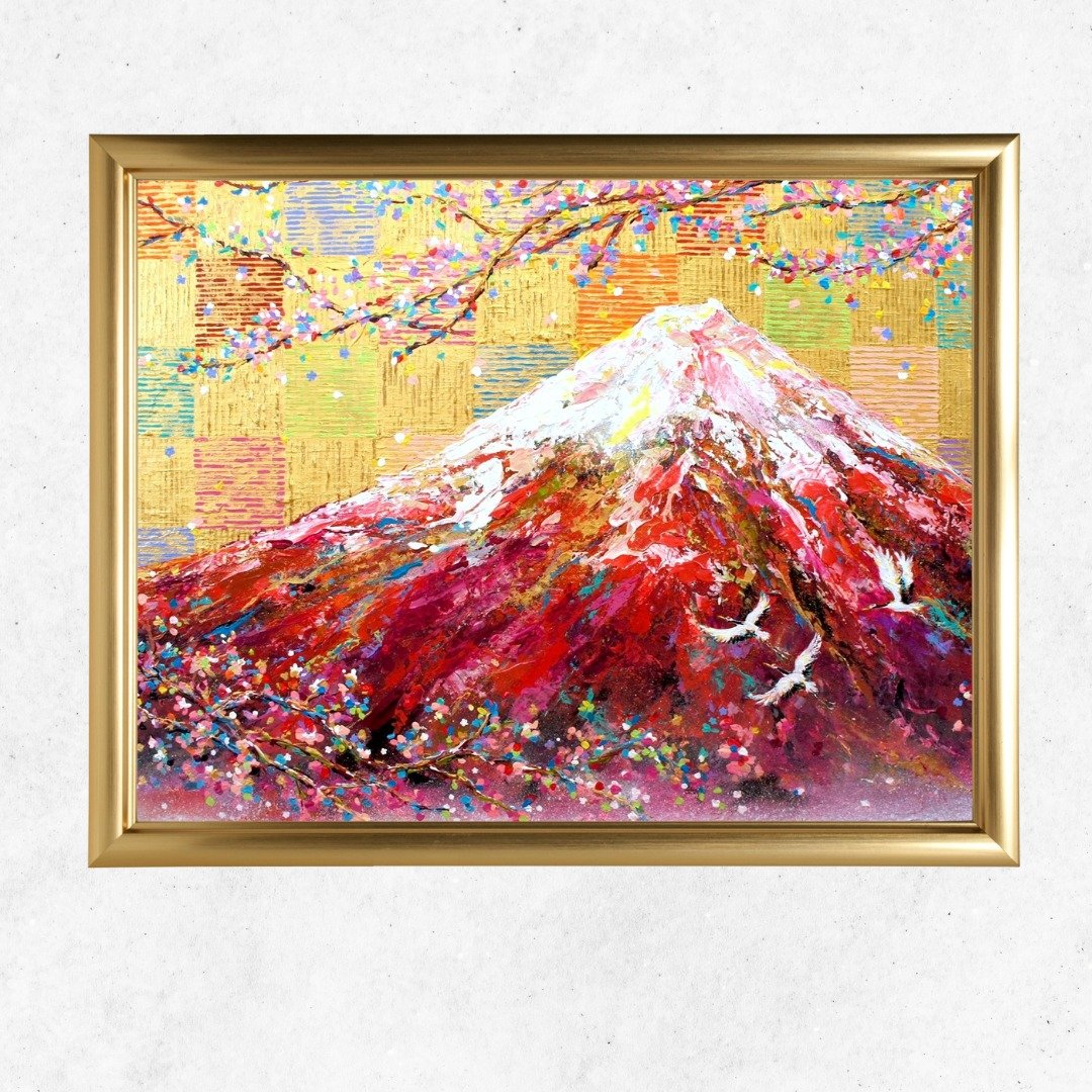 1点物作品 再版不可【赤富士与仙鹤之画】 开运 幸运 日本风 日本 - 海报/装饰画/版画 - 压克力 红色