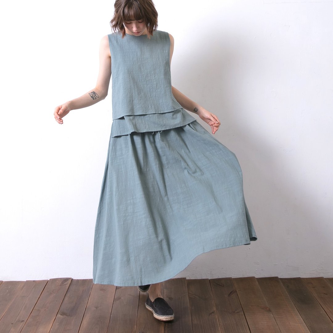抽绳长裙 maxi skirt - 粉绿 - 裙子 - 棉 绿色